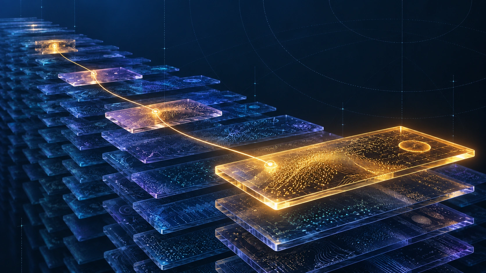 Layered records connected by an illuminated lineage path, shown as a conceptual illustration.